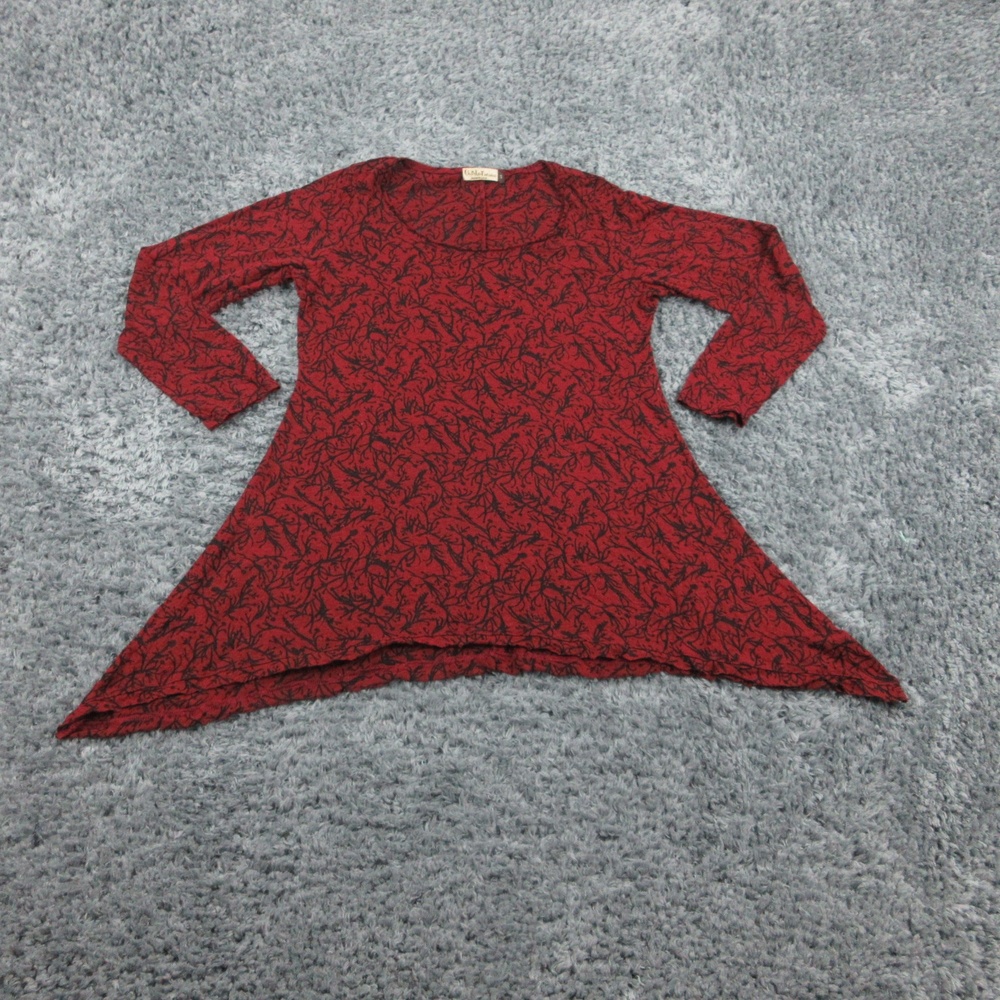Chalet Et Ceci Tunic Top Womens Small Red Black Asymmetrical Hem Long Sleeve USA